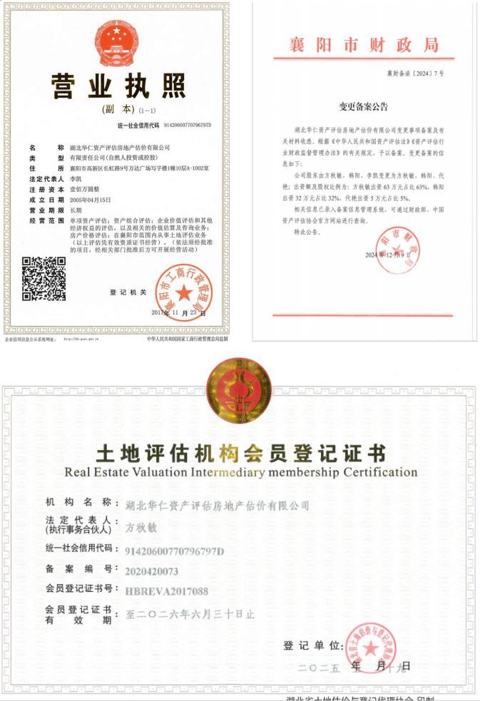 华仁资产评估房地产估价有限公司营业执照、资产评估备案公告、土地评估机构登记证书